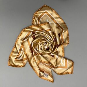 Daniel Hechter Afibel Satin Scarf Gold Brown Geometric Print Square Scarf